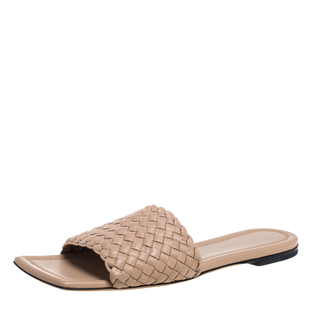 Pre-owned Bottega Veneta Beige Intrecciato Leather Slide Sandals Size 40.5