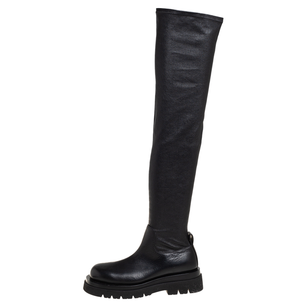 

Bottega Veneta Black Leather Lug Sole Over The Knee Boots Size