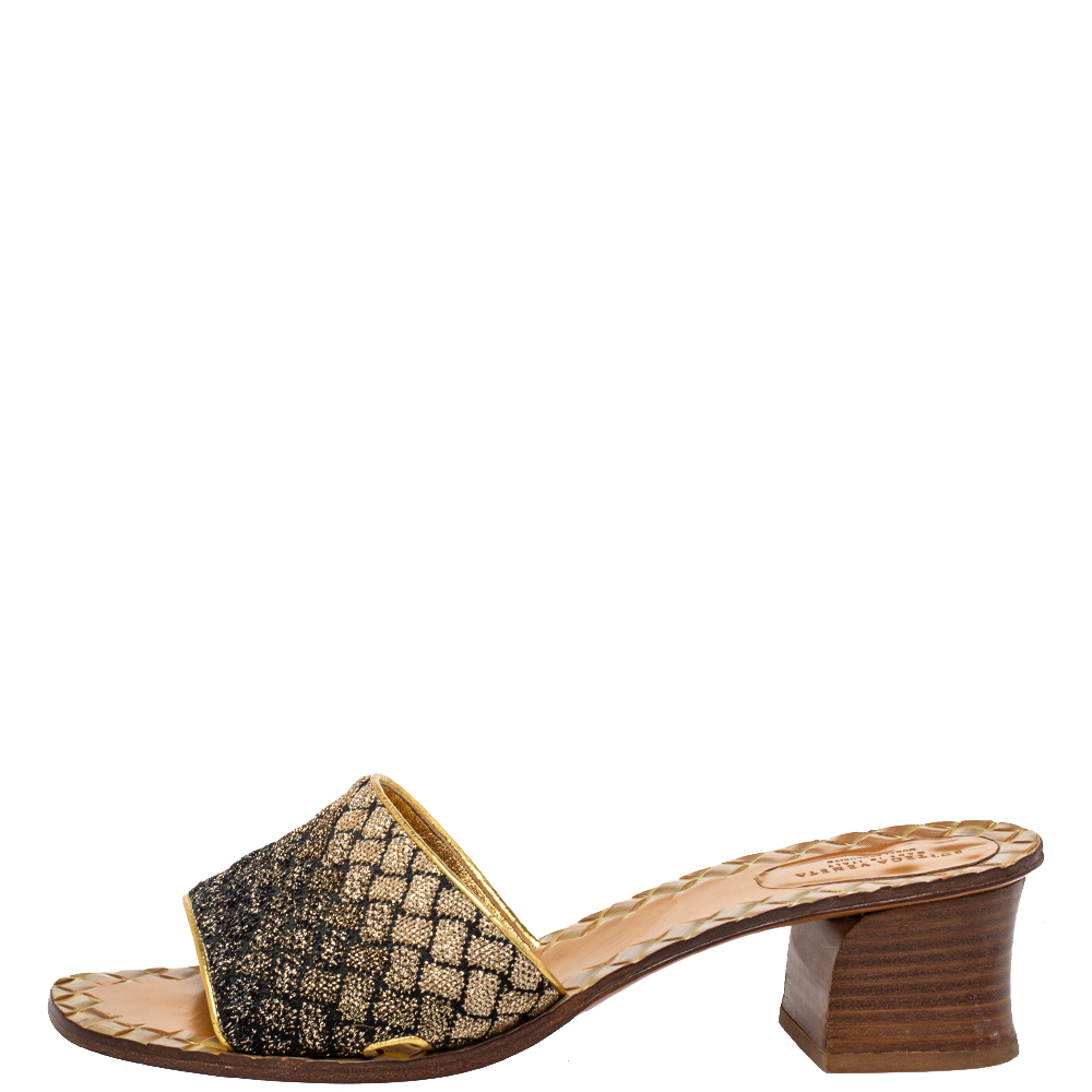 

Bottega Veneta Black/Gold Chain Stitch Fabric Intrecciato Slide Sandals Size  (Only for Dubai customers