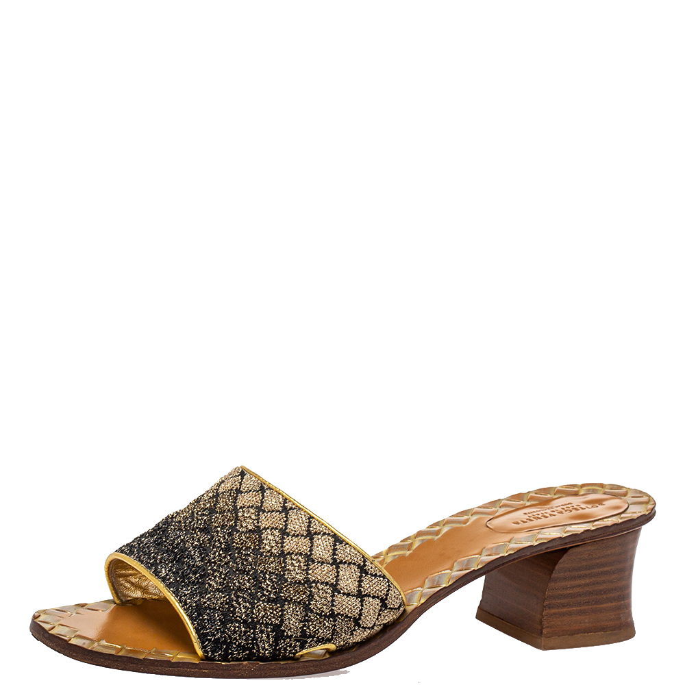 Pre-owned Bottega Veneta Black/gold Chain Stitch Fabric Intrecciato Slide Sandals Size 40 (only For Dubai Customers)