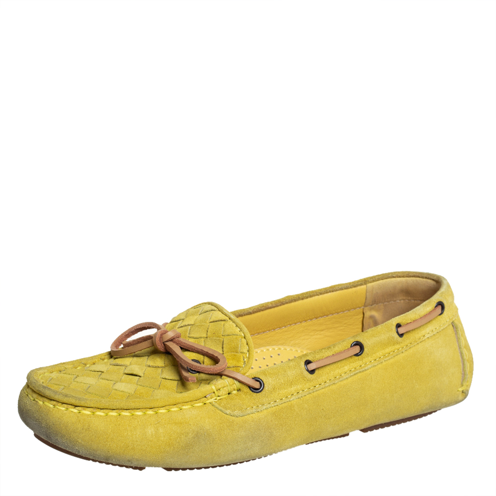 Pre-owned Bottega Veneta Yellow Intrecciato Suede Bow Slip On Loafers Sizs 36.5