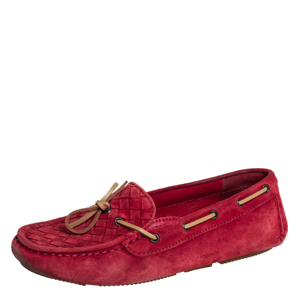 Pre-owned Bottega Veneta Red Intrecciato Suede Slip On Loafers Size 37