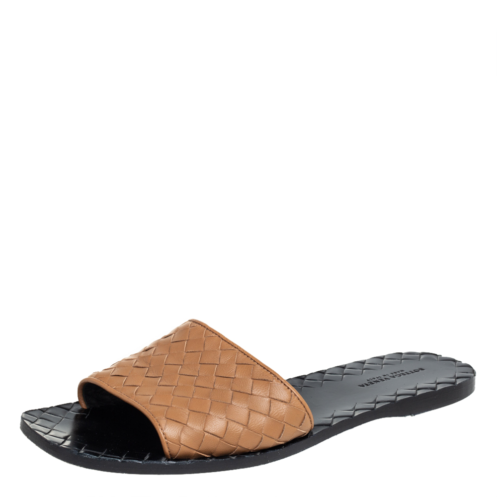Pre-owned Bottega Veneta Brown Intrecciato Leather Flat Slides Size 37.5