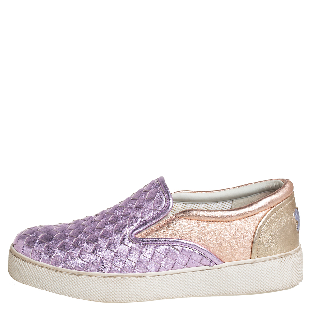

Bottega Veneta Multicolor Woven Leather Slip on Sneakers Size