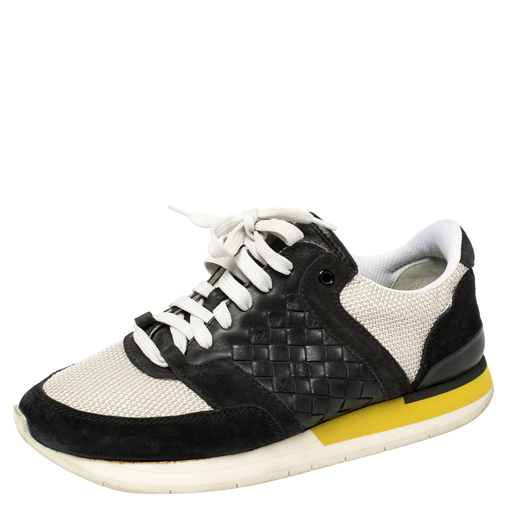 Pre-owned Bottega Veneta White/black Mesh And Suede Intrecciato Leather Lace Up Low Top Sneakers Size 39