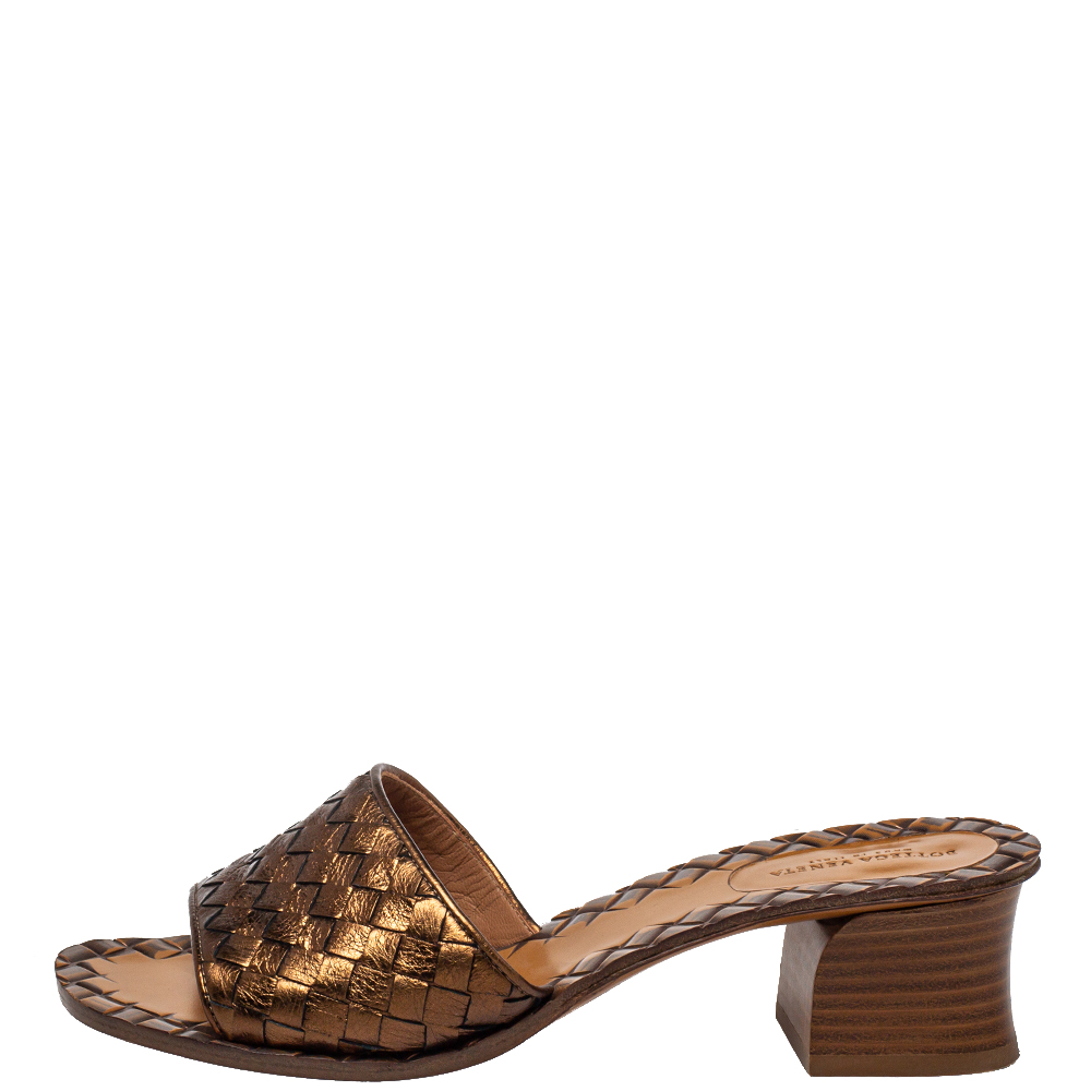 

Bottega Veneta Metallic Brown Intrecciato Leather Ravello Slide Sandals Size