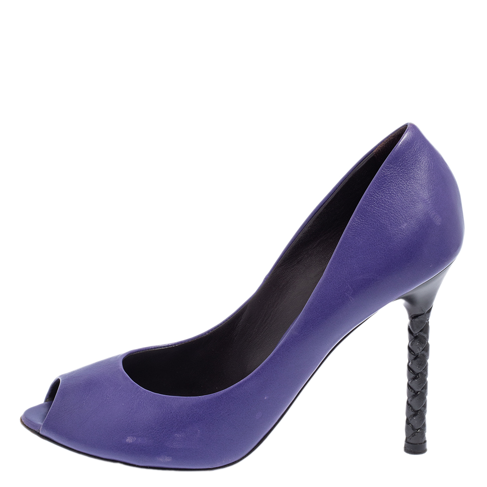 

Bottega Veneta Purple Leather Intrecciato Heel Peep Toe Pumps Size