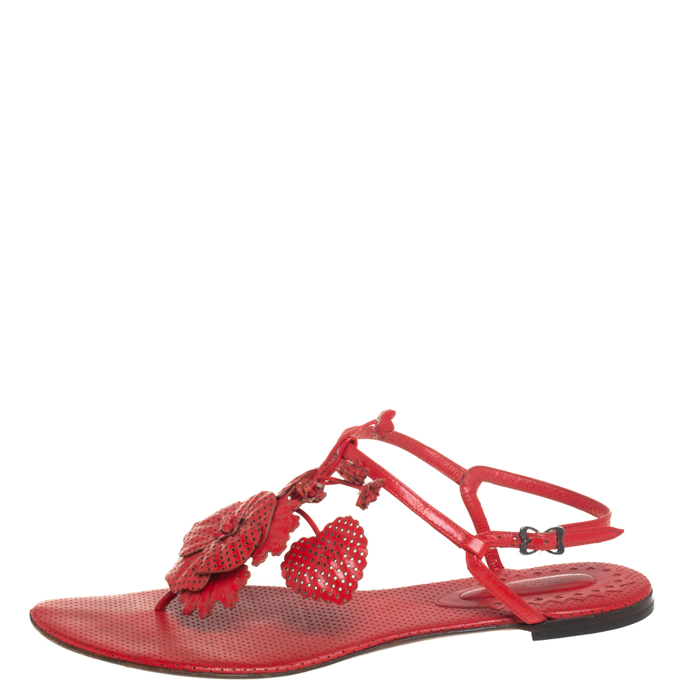 

Bottega Veneta Red Perforated Leather Petal Detail T-Strap Flat Sandals Size