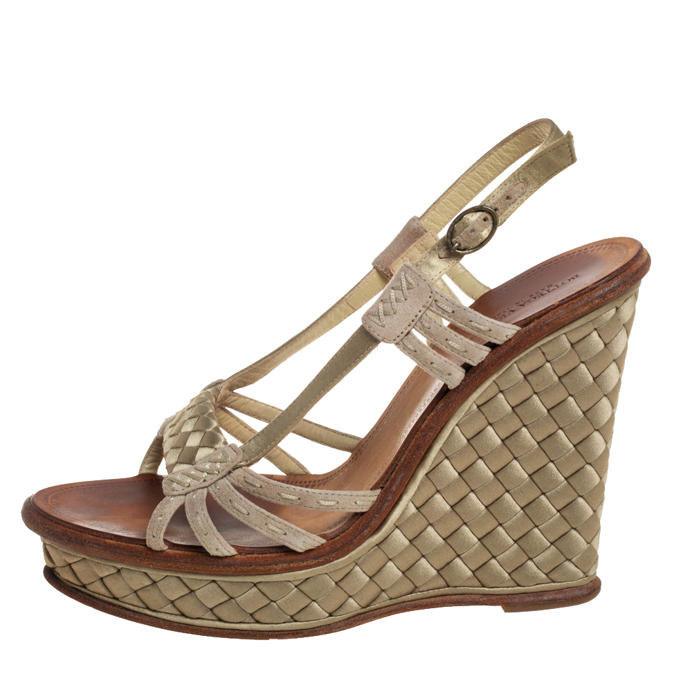 

Bottega Veneta Green Satin And Leather Platform Wedge Sandals Size