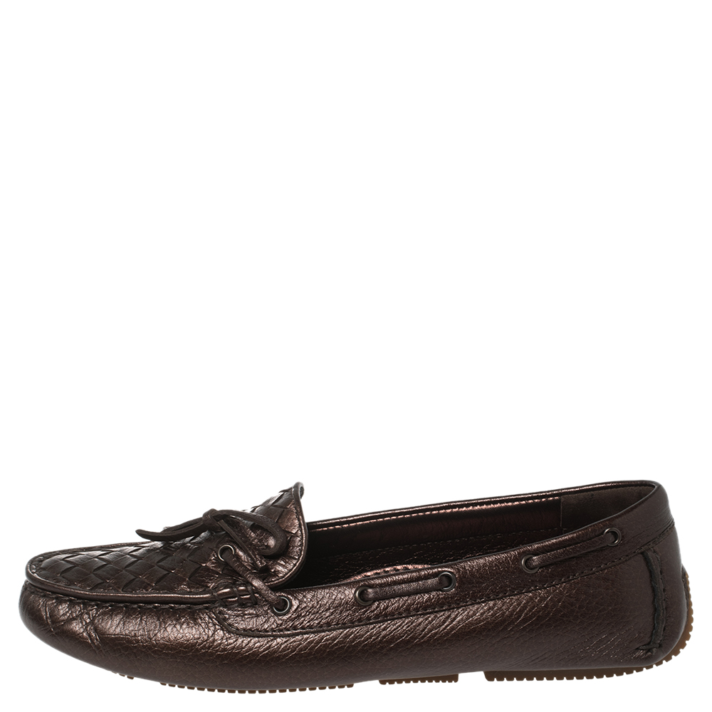 

Bottega Veneta Metallic Brown Intrecciato Leather Bow Slip On Loafers Size