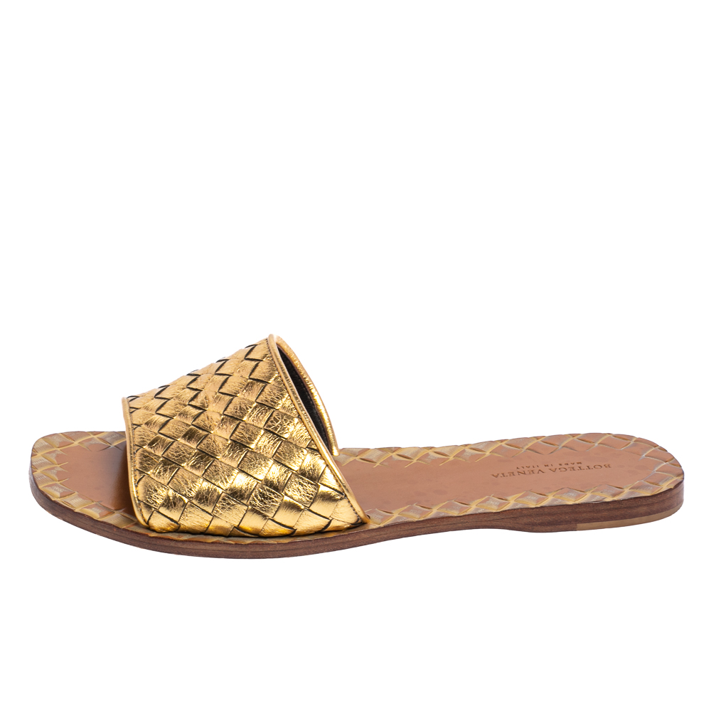 

Bottega Veneta Gold Intrecciato Leather Ravello Flats Size