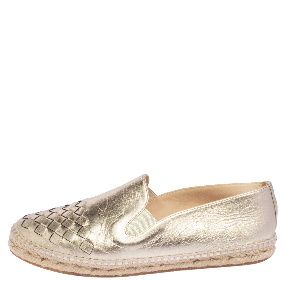 

Bottega Veneta Gold Intreciatto Leather Espadrille Flats Size