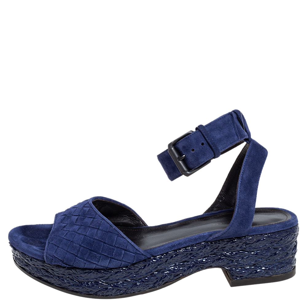 

Bottega Veneta Blue Intrecciato Suede Coated Espadrille Platform Sandals Size