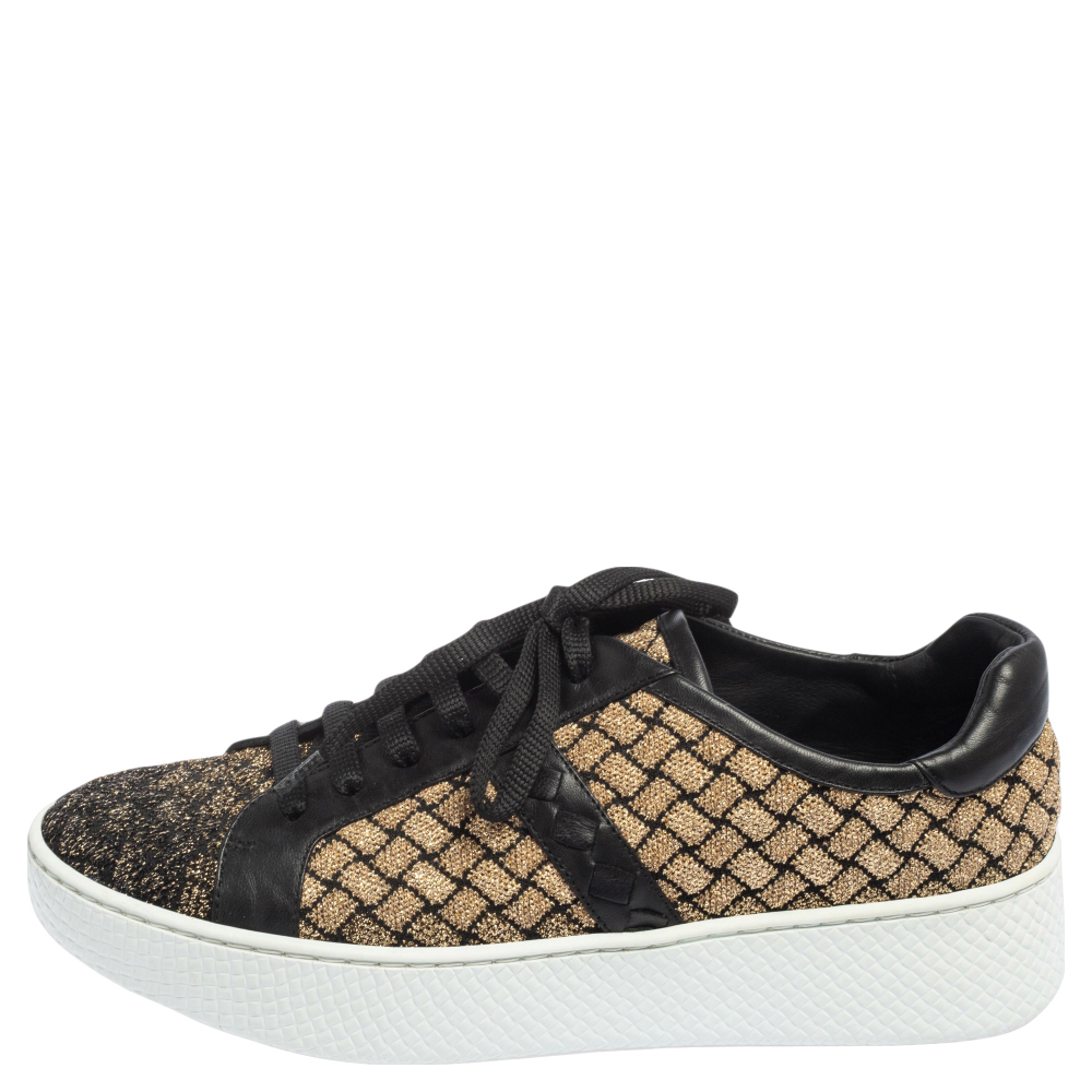 

Bottega Veneta Black/Gold Woven Fabric and Leather Lace Low Top Sneakers Size, Metallic