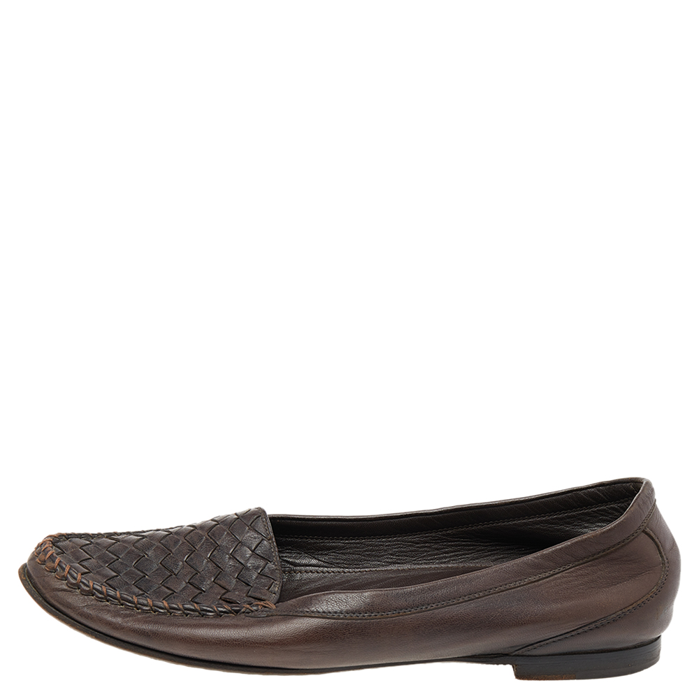 

Bottega Veneta Brown Intrecciato Leather Slip On Loafers Size