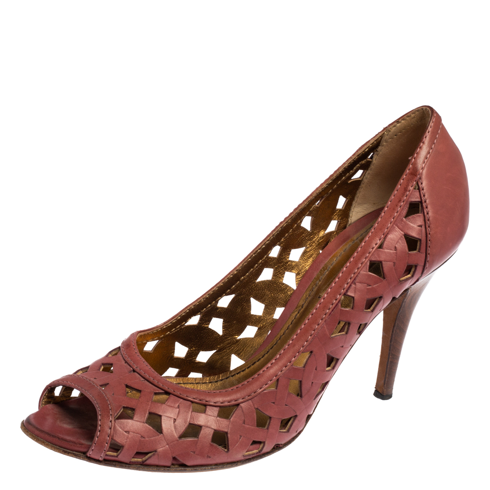 

Bottega Veneta Pink Leather Laser Cut Open Toe Pumps Size