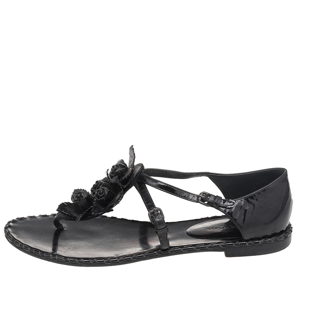 

Bottega Veneta Black Patent Leather Flower Cutout Flat Sandals Size