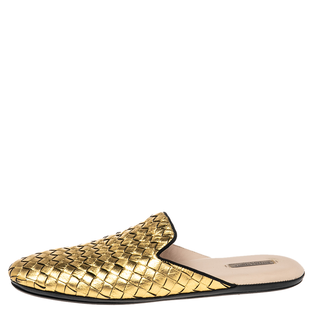 

Bottega Veneta Metallic Gold Intrecciato Leather Fiandra Mules Size