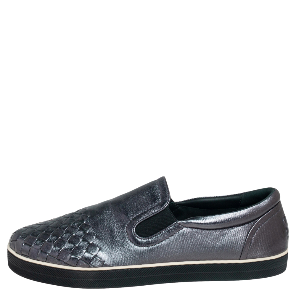 

Bottega Veneta Metallic Grey Intrecciato Leather Slip On Sneakers Size
