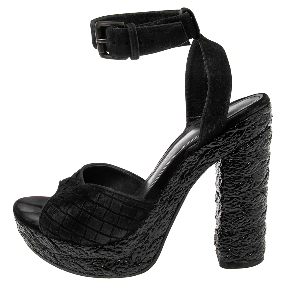 

Bottega Veneta Black Intrecciato Suede Coated Espadrille Platform Sandals Size