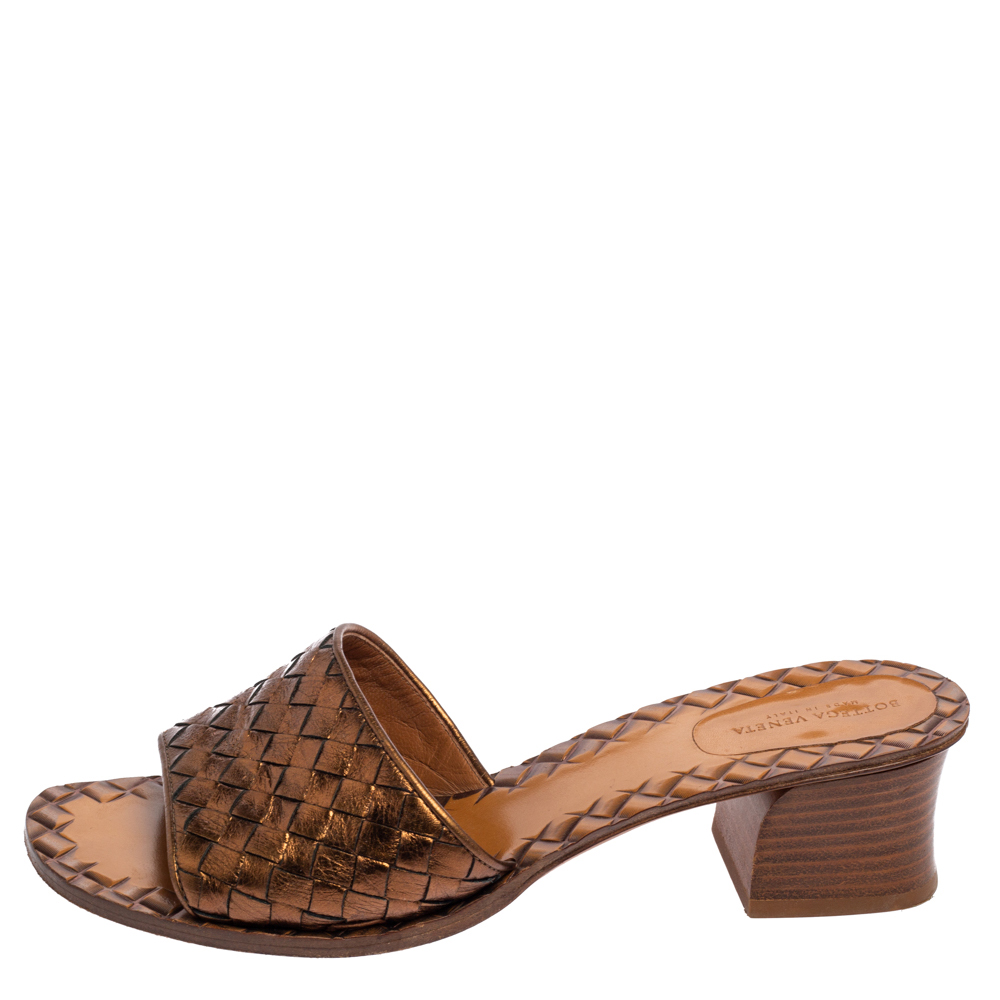 

Bottega Veneta Metallic Bronze Leather Block Heel Slide Sandals Size