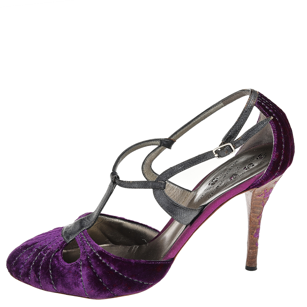 

Bottega Veneta Purple Velvet And Leather Ankle Strap Sandals Size