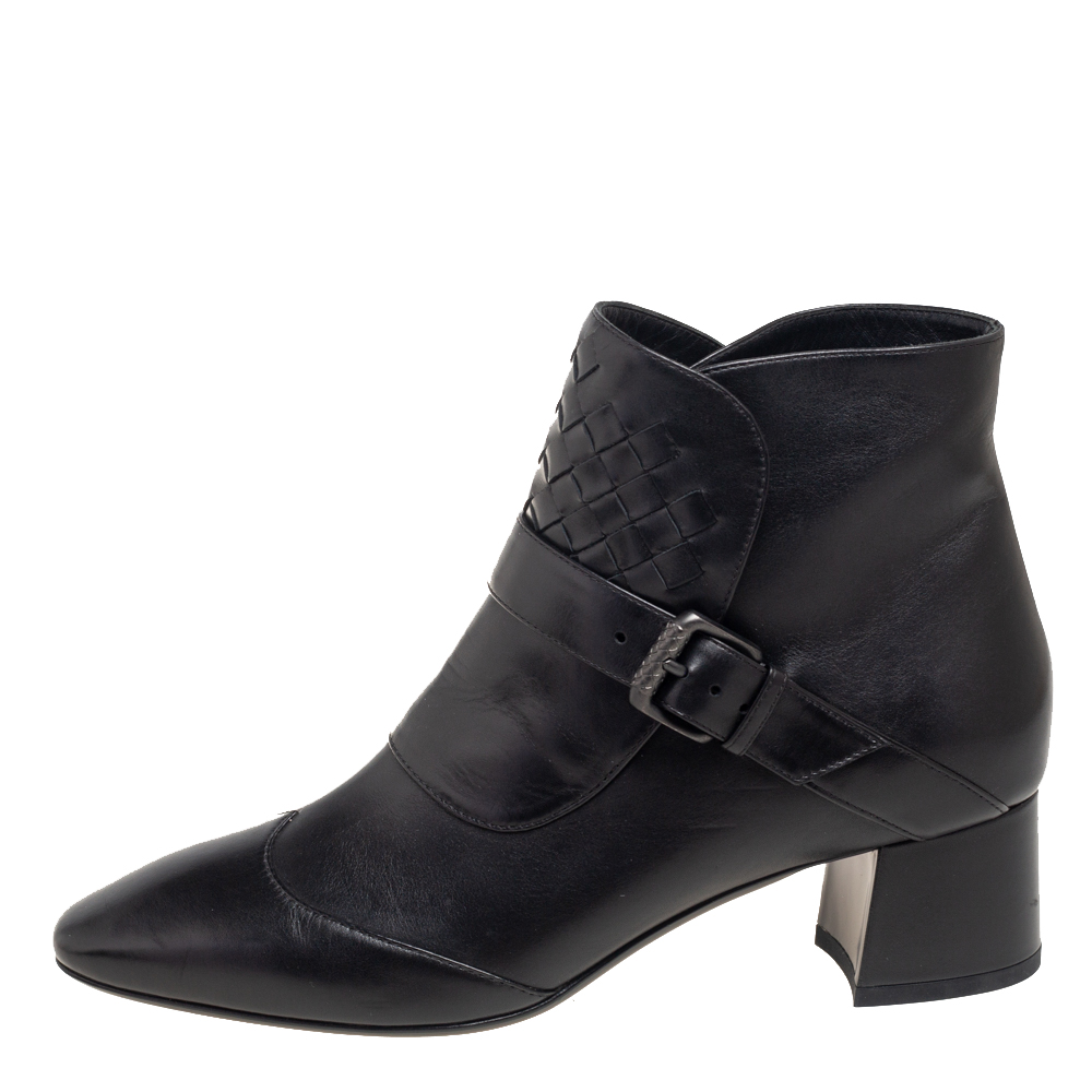 

Bottega Veneta Black Leather And Intrecciato Leather Wingtip Ankle Boots Size