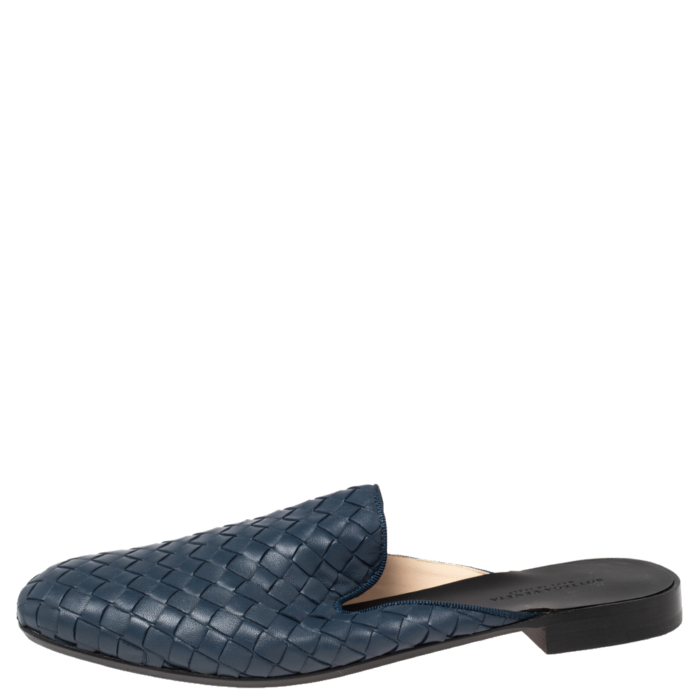 

Bottega Veneta Blue Intrecciato Leather Fiandra Flat Mules Size