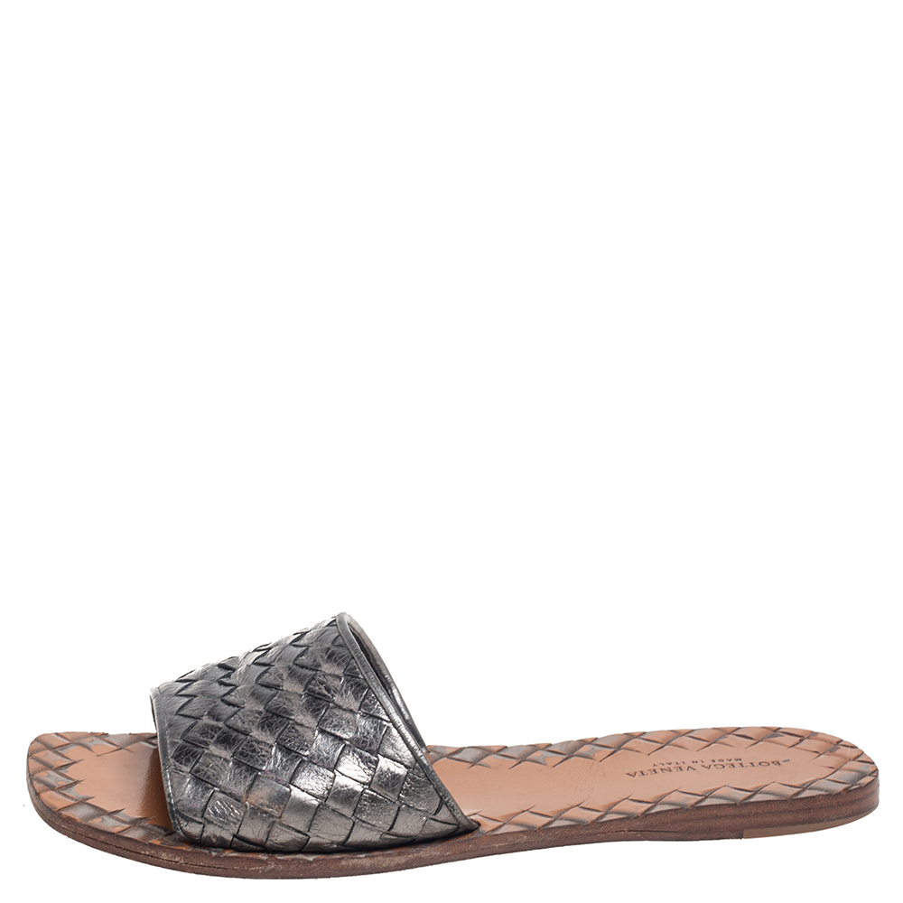 

Bottega Veneta Antique Silver Intrecciato Leather Flat Slide Sandals Size