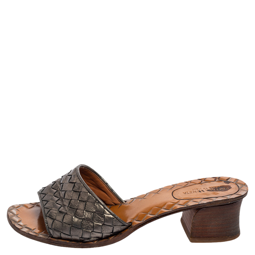 

Bottega Veneta Metallic Intrecciato Leather Slide Sandals Size