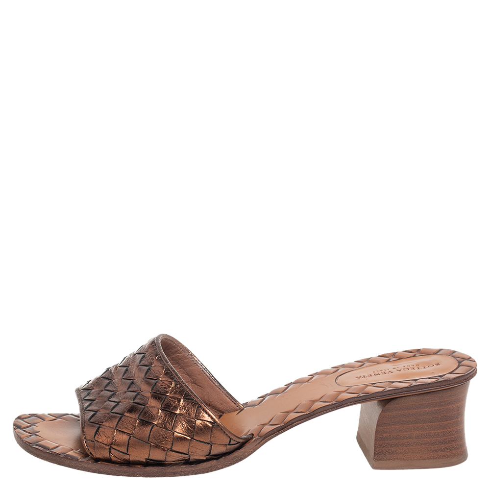 

Bottega Veneta Metallic Bronze Leather Block Heel Slide Sandals Size
