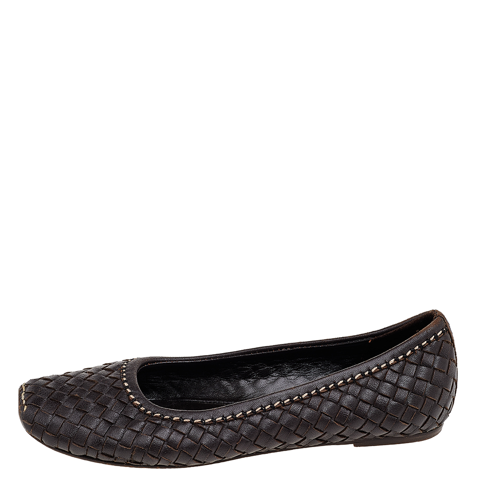 

Bottega Veneta Brown Intreccaito Leather Ballet Flats Size