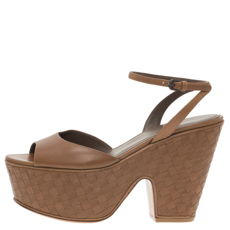 

Bottega Veneta Brown Leather Intrecciato Platform Sandals Size