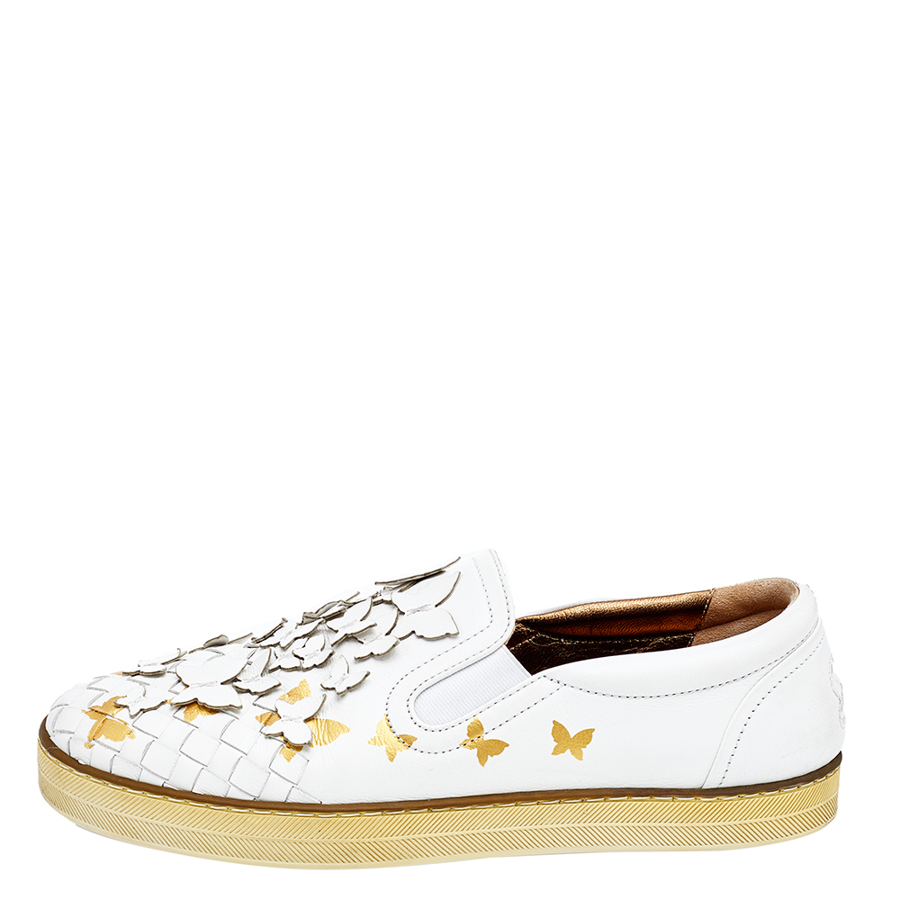 

Bottega Veneta White Intrecciato Leather Butterfly Embellished Slip On Sneakers Size