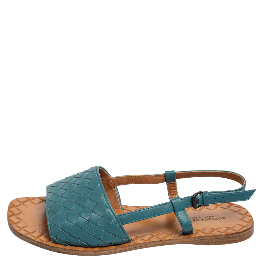 

Bottega Veneta Blue Intreciatto Leather Slingback Sandals Size