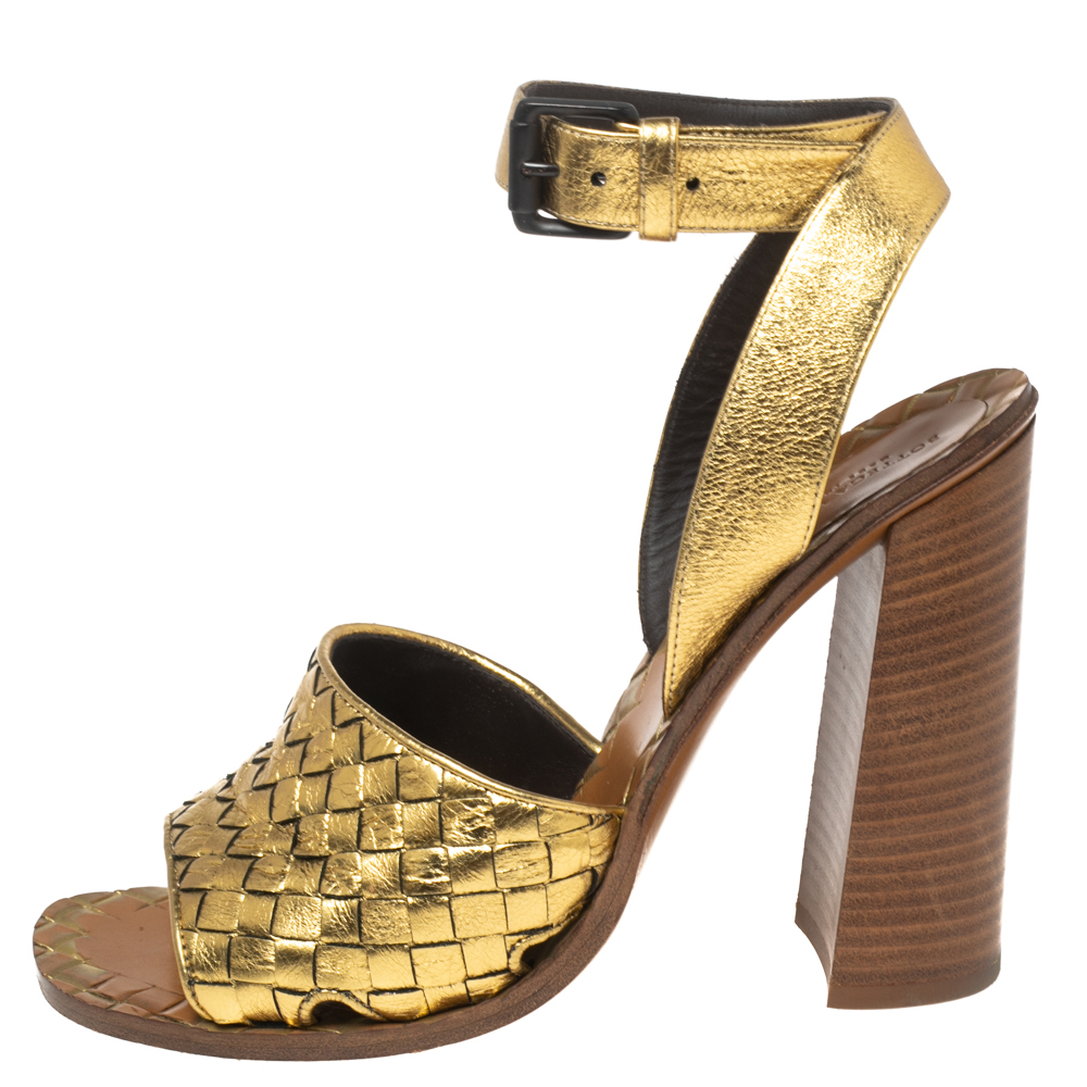 

Bottega Veneta Gold Intrecciato Leather Block Heel Ankle-Strap Sandals Size