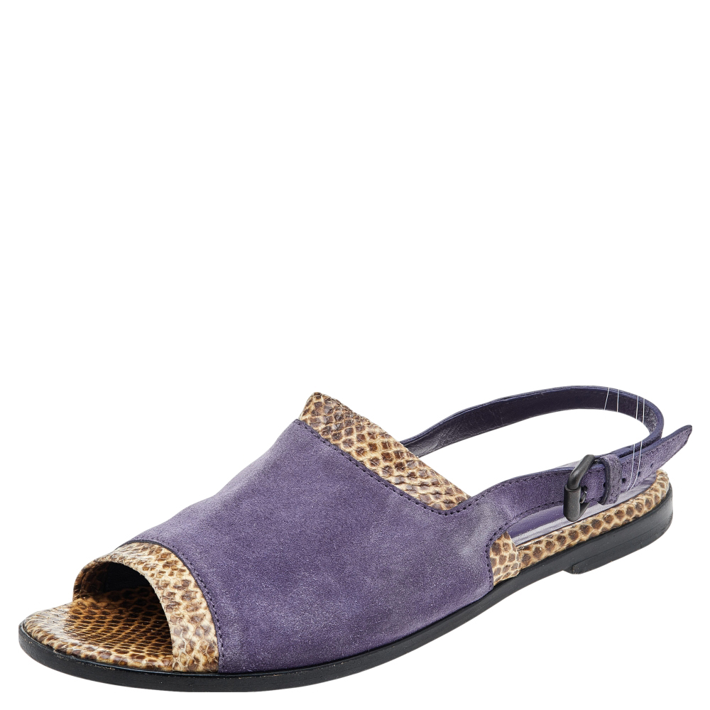 

Bottega Veneta Purple/Beige Suede And Python Leather Slingback Flat Sandals Size