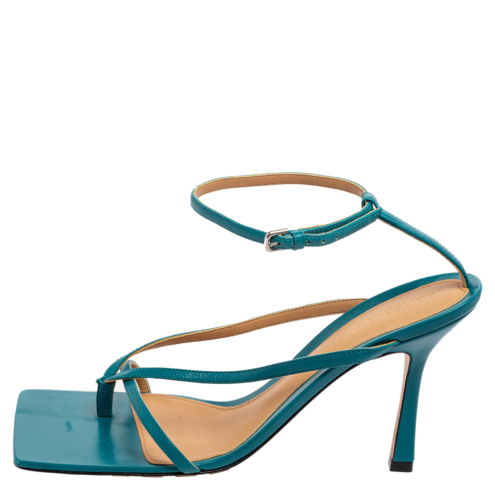 

Bottega Veneta Turquoise Blue Leather Square-Toe Thong Ankle-Strap Sandals Size