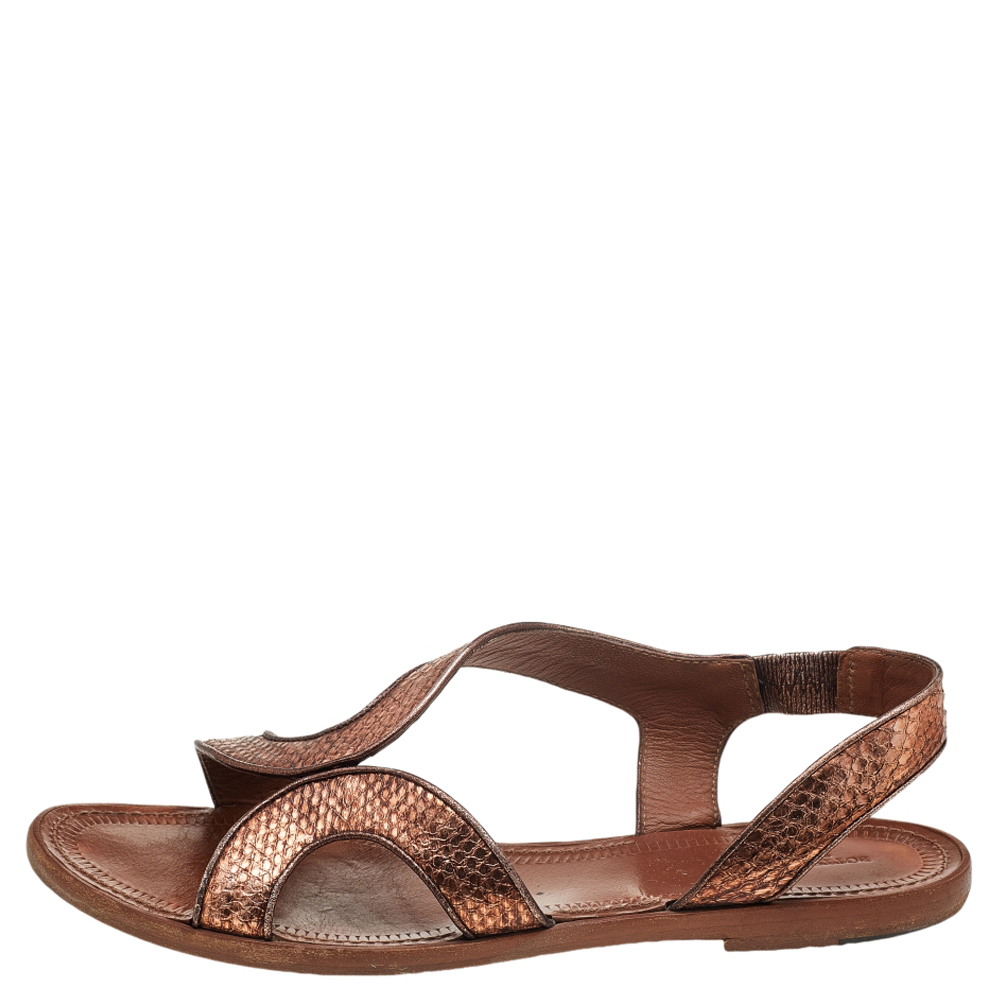 

Bottega Veneta Metallic Brown Snakeskin Embossed Leather Flat Sandals Size