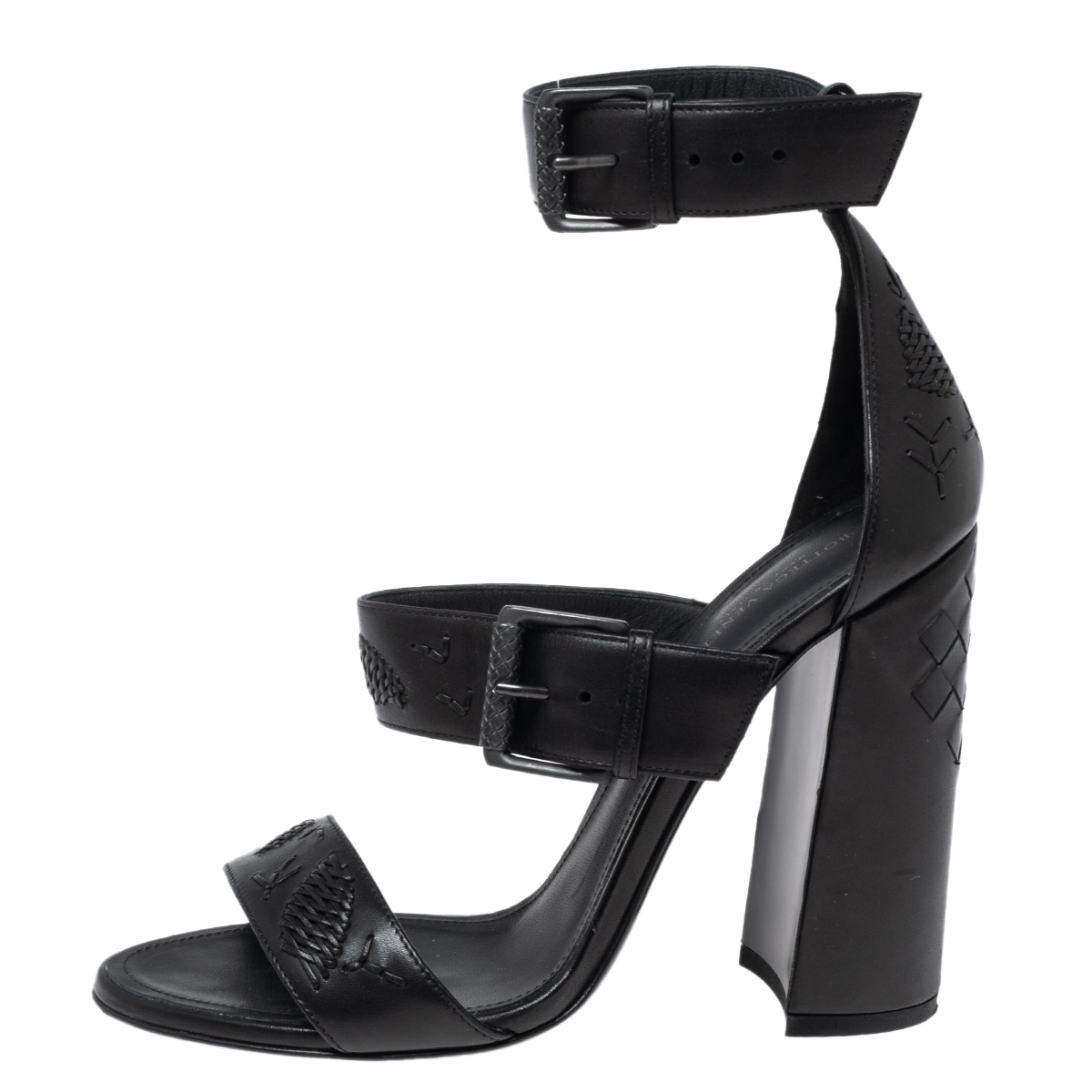 

Bottega Veneta Black Intrecciato Leather Ankle Strap Sandals Size