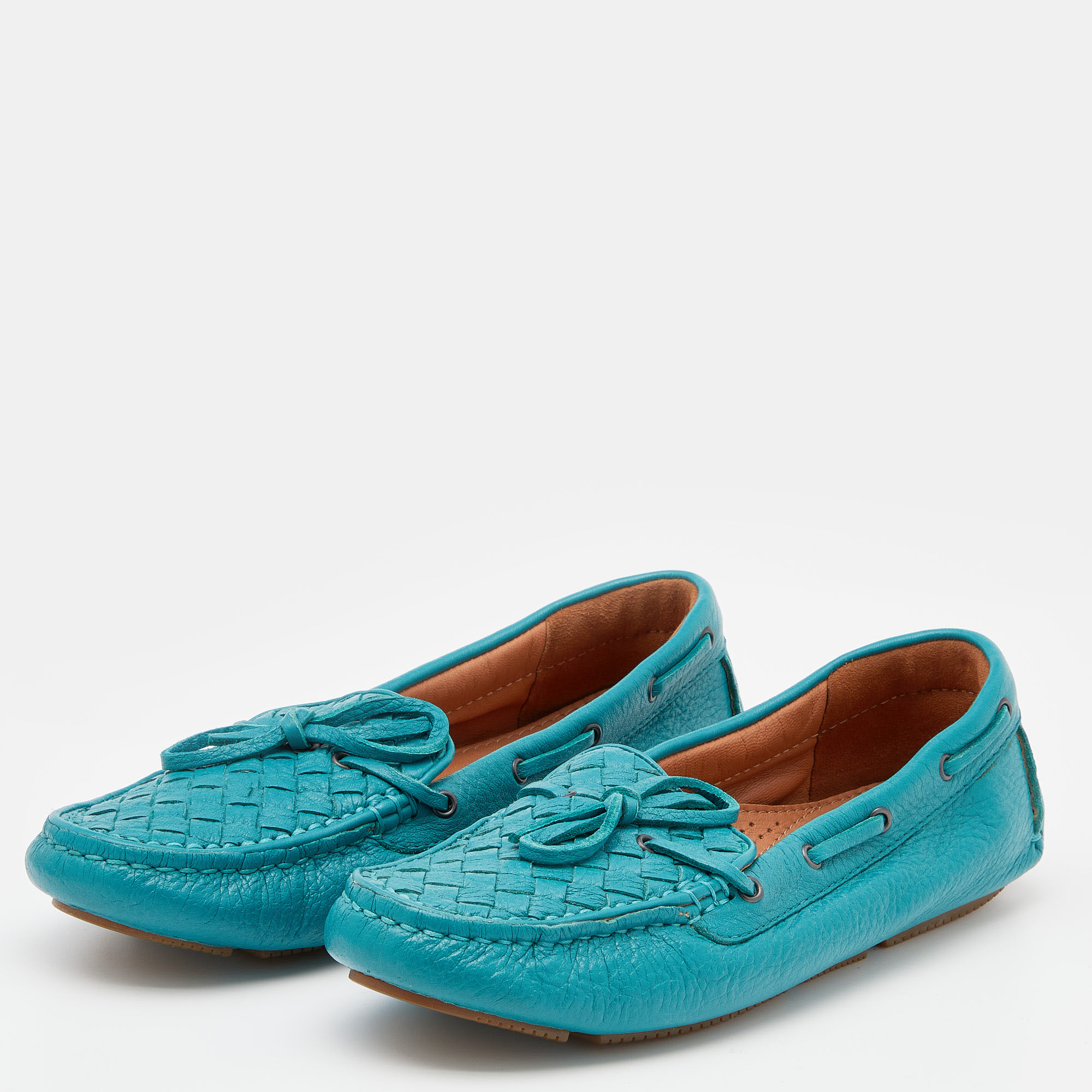 

Bottega Veneta Pale Blue Intrecciato Leather Bow Slip On Loafers Size