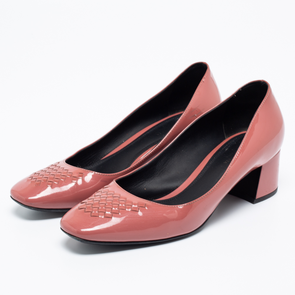 

Bottega Veneta Pink Patent Leather Intrecciato Detail Block Heel Pumps Size
