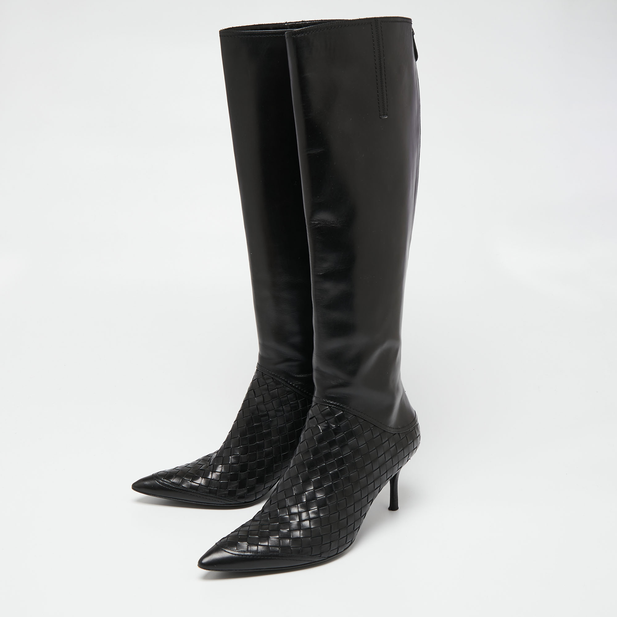 

Bottega Veneta Black Leather Intrecciato Detail Knee High Boots Size