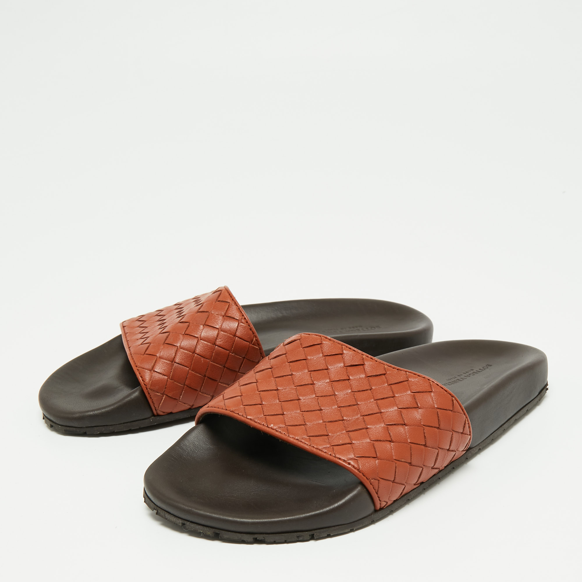 

Bottega Veneta Rust Intrecciato Leather Flat Slides Size, Brown