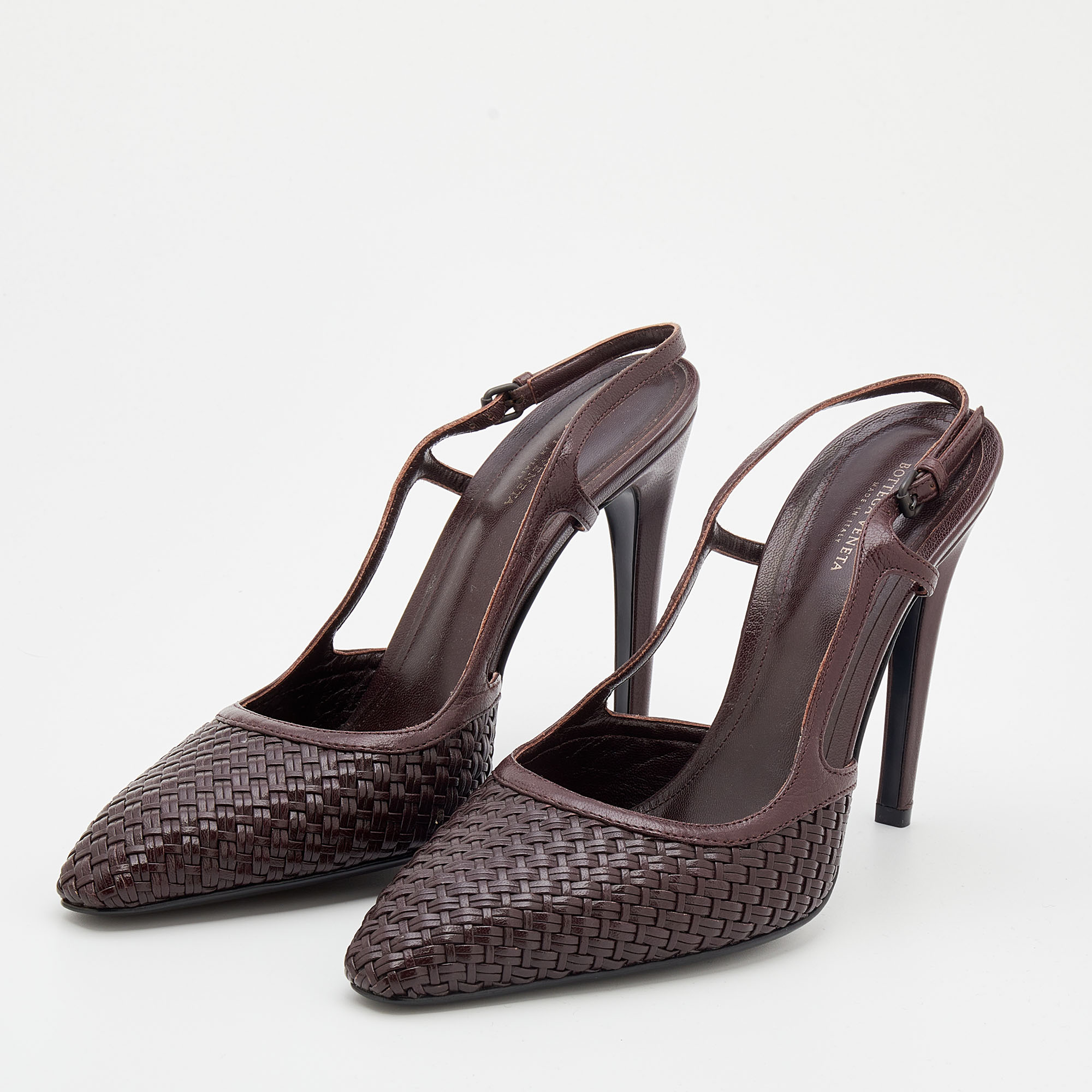 

Bottega Veneta Dark Brown Leather Woven Slingback Sandals Size
