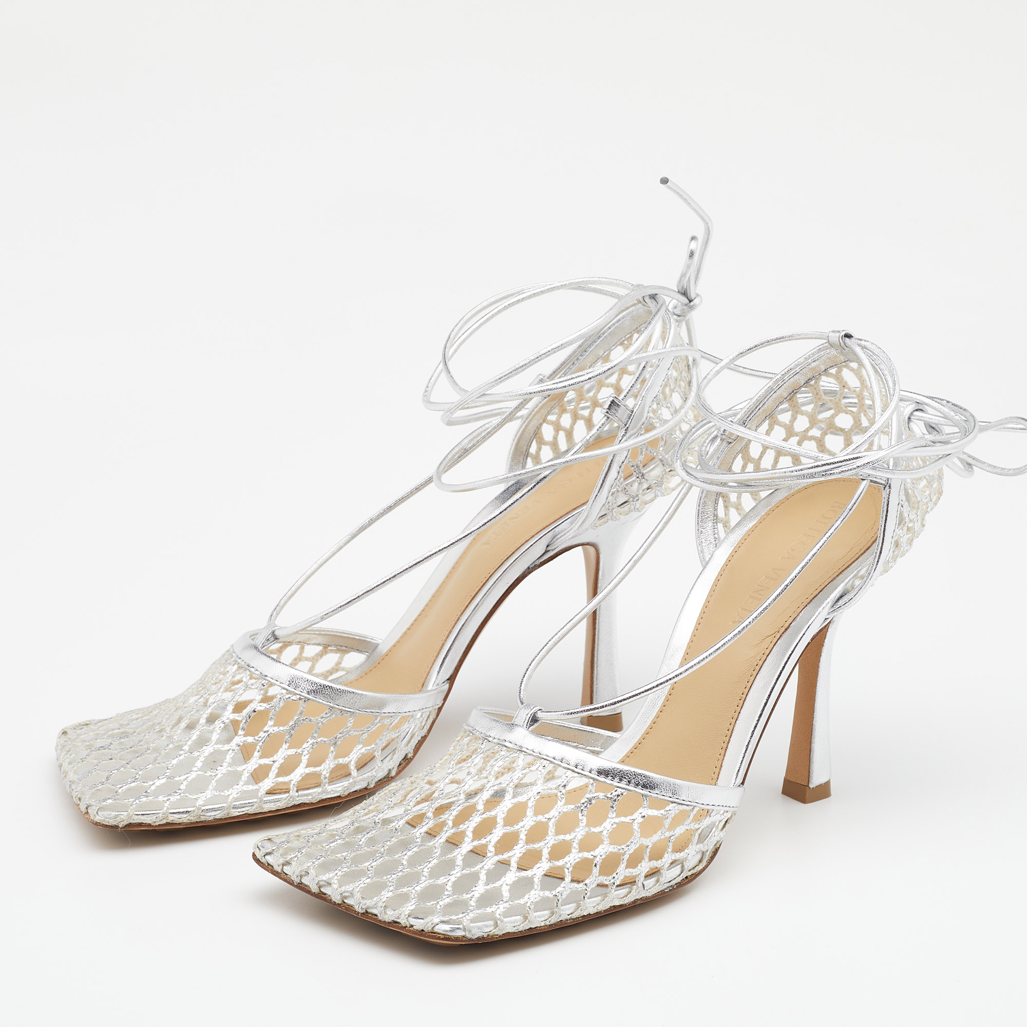 

Bottega Veneta Silver Stretch Mesh And Leather Ankle Tie Sandals Size