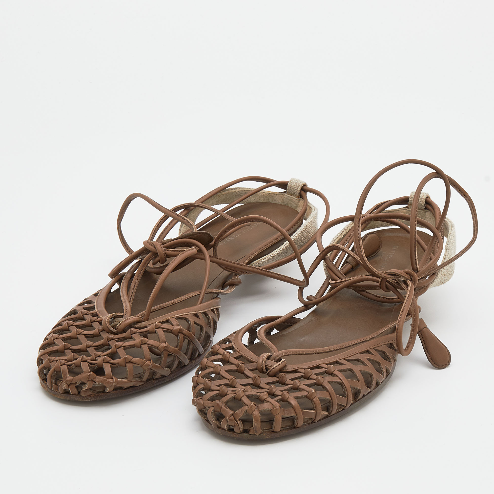 

Bottega Veneta Taupe Woven Leather Gladiator Sandals Size, Brown