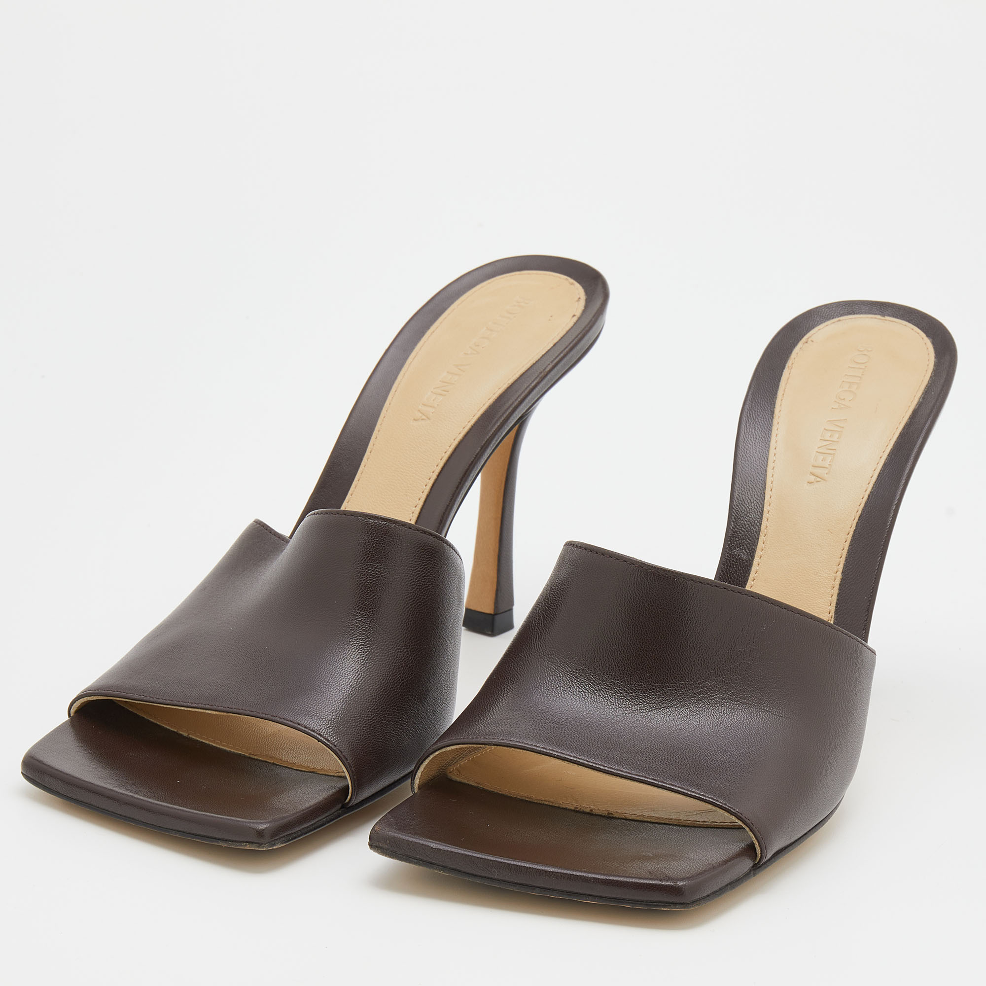 

Bottega Veneta Brown Leather Stretch Square-Toe Slide Sandals Size