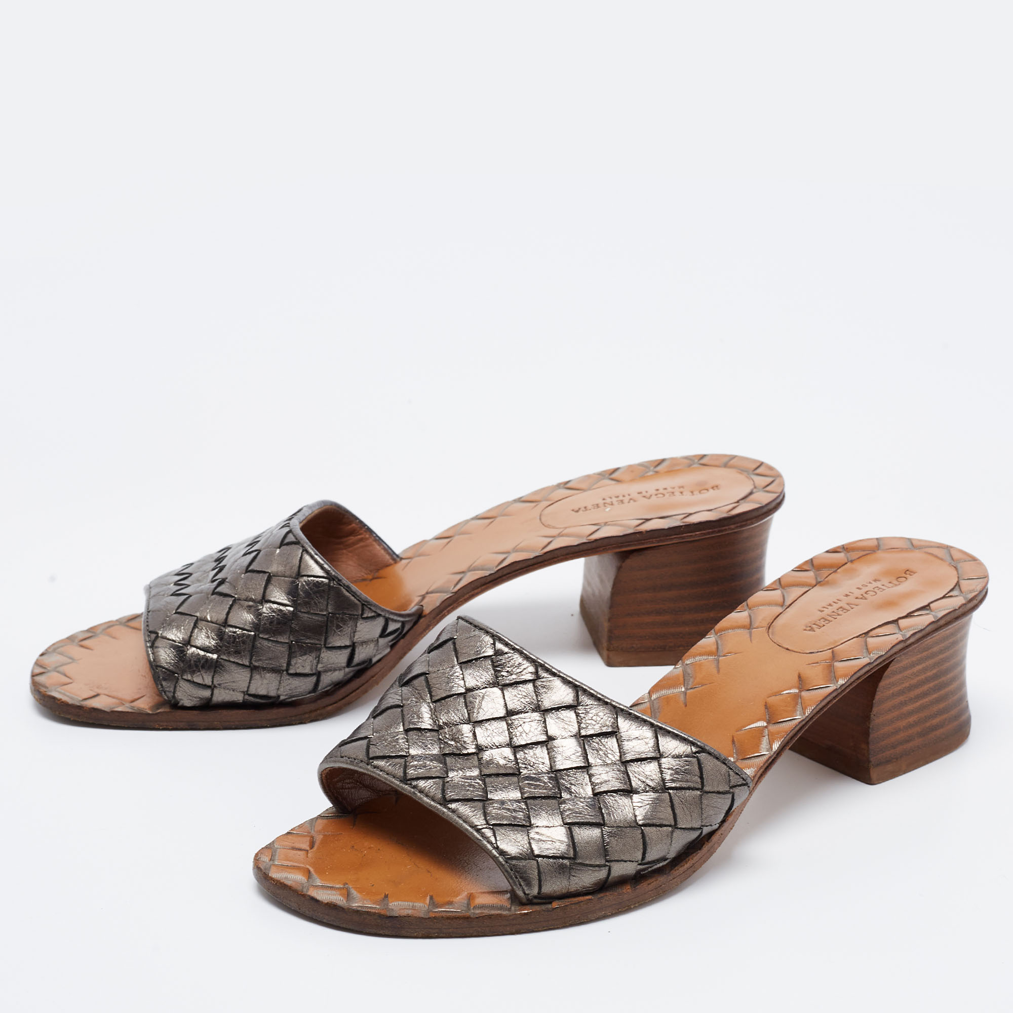 

Bottega Veneta Metallic Intrecciato Leather Block Heel Slide Sandals Size