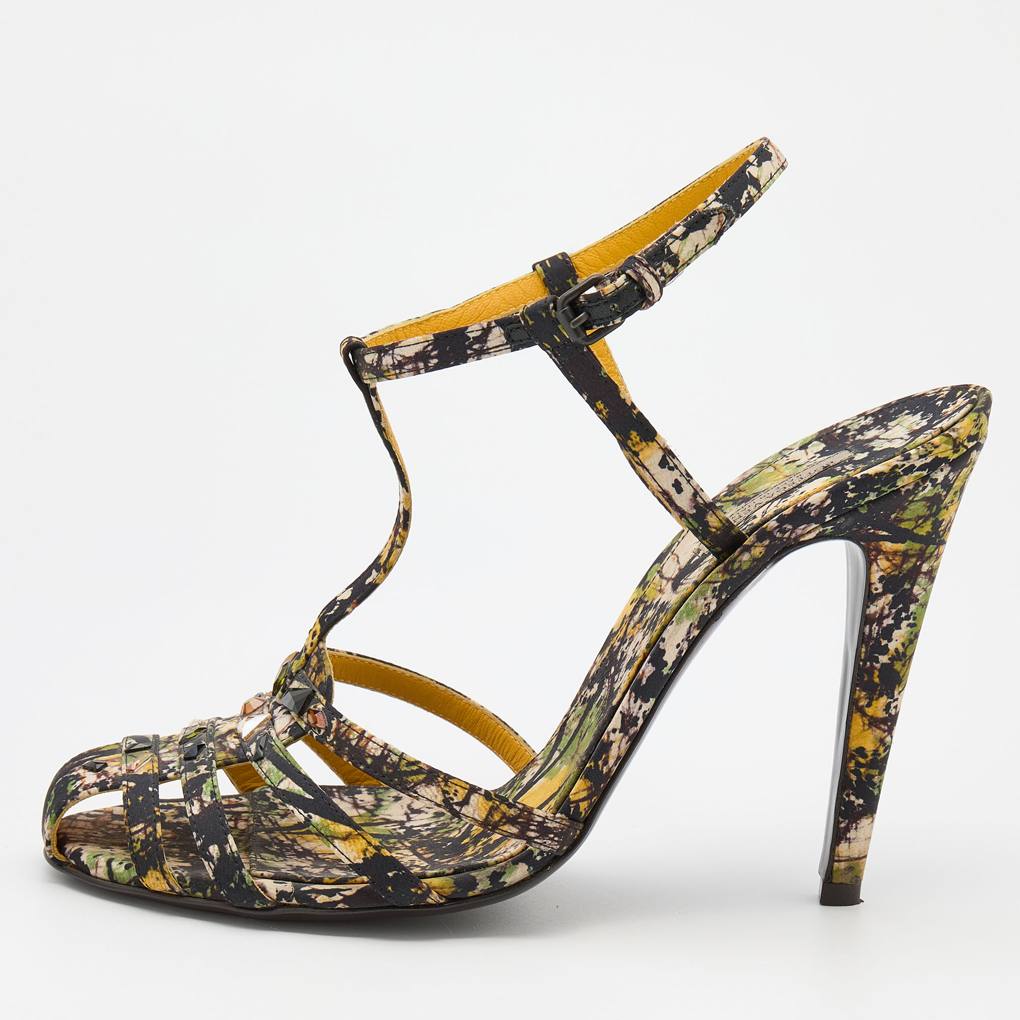 

Bottega Veneta Multicolor Printed Fabric Embellished Ankle Strap Sandals Size